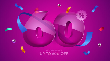 60 percent Off. Discount creative composition. 3d mega sale symbol with decorative objects. Sale banner and poster.