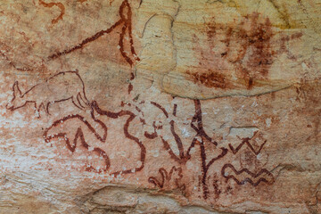 Prehistoric paintings in the cave at Singha Cave Udon- Thani province, Thailand.