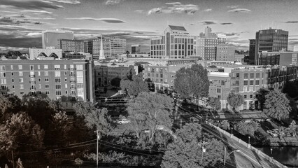 Black and white aerial view of downtown Greenville, SC
