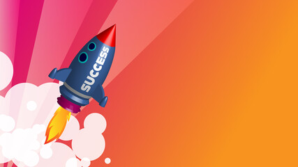 Colorful 3D render illustration of an ascending blue rocket with the word SUCCESS and burning fire on an orange and red background as a symbol for launch, start up, power, energy or business success.