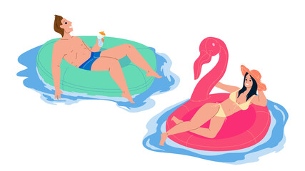 Man And Woman Couple Resting On Pool Party Vector. Young Boy And Woman Floating On Lifebuoy And Drinking Drinks On Pool Party Together. Characters Relaxation Flat Cartoon Illustration