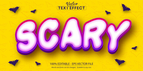 Scary text, halloween and cartoon style editable text effect on yellow color bat pattern textured background