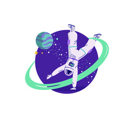 Funny astronaut standing on arm, dancing break on a new planet in space. Logo, icon, art for fiction, applications, games, and comics design. Cartoon vector illustration.
