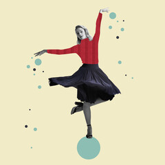 Creative artwork. Young female dancer in colored retro style clothes stands on painted blue ball