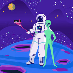 Astronaut taking selfie, making contact, friends with alien, little green man. Discovering and exploring new planet. Cartoon vector characters for fiction, applications, games, and comics design