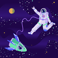 Astronaut in spacesuit floating in space and dancing. Rock spaceman flying with spaceship around planet. Exploring new. Cartoon vector illustration. - obrazy, fototapety, plakaty