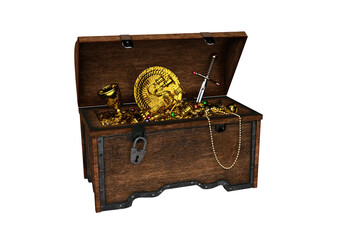 3D illustration of an open wooden chest with golden pirate treasure isolated on a white background.