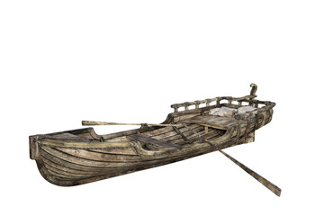 3D illustration of an old wooden rowing boat with oars isolated on a white background.