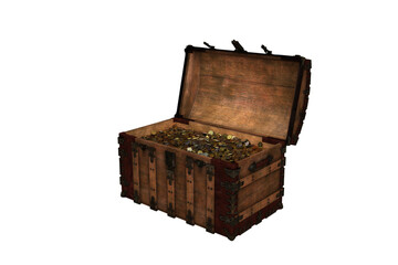 3D illustration of an old wooden treasure chest with open lid showing gold coins isolated on a white background.