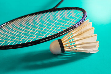 shuttlecock with badminton racket on court.