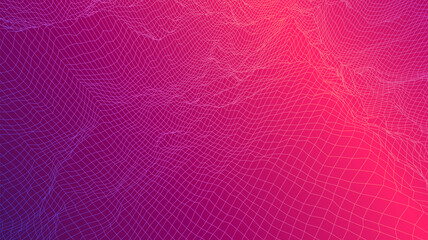 Digital landscape with mountains or clouds made of line grid