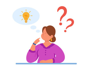 Cartoon businesswoman doubting her idea. Flat vector illustration. Female character thinking with wondering face, finding solution, making decision, solving problem. Idea, problem, question concept