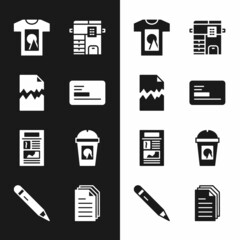 Set Business card, Torn document, T-shirt, Copy machine, News, Coffee cup to go, File and Pencil with eraser icon. Vector