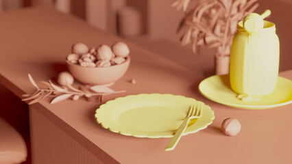 Empty yellow plate in 3d rendered kitchen scene with honey and nuts