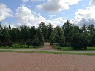 Andrianovo, Leningrad region,Russia-August,8,2021.Manor Marino.Stroganov and Golitsyn palace and park in summer sunny day