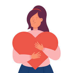 Young cartoon woman hugging giant red heart. Flat vector illustration. Happy girl smiling, embracing symbol of love, care, charity. Support, mental health, strength, feeling concept