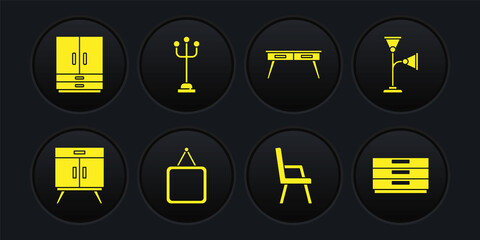 Set Chest of drawers, Floor lamp, Mirror, Armchair, Office desk, Coat stand, and Wardrobe icon. Vector