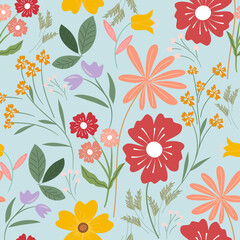 Blooming meadow seamless pattern. Spring summer collection. Trendy color for fashion. wallpapers, and print. A lot of flowers.  
