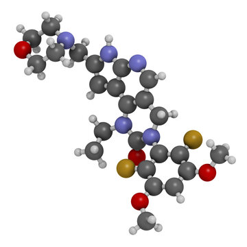 Pemigatinib cancer drug molecule 3D rendering.
