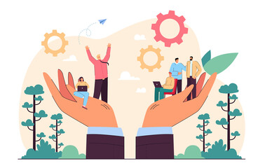 Hands holding team of tiny business persons. Social help or support for workplace community flat vector illustration. Employee care, wellbeing, people management concept for banner, website design