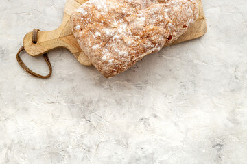 Freshly backed bread top view. Bakery background
