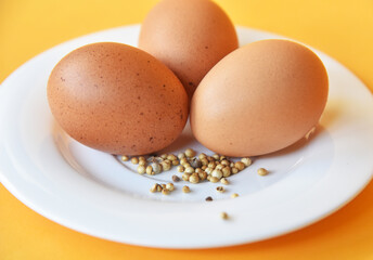 Chicken eggs placed on white plate with some white pepper on color background
