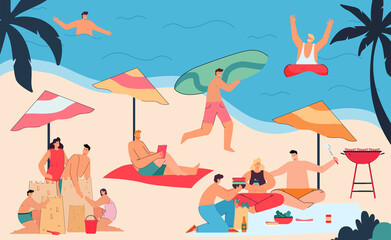 Men and women enjoying summer vacation on beach. People swimming in ocean, walking along coast, sitting under umbrella, building sand castles flat vector illustration. Leisure activity, sea concept
