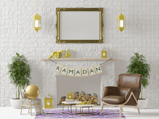 3D Relaxing corner inside house decorated in Muslim style.