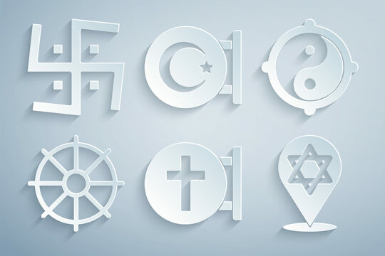 Set Christian cross, Yin Yang, Dharma wheel, Star of David, and crescent and Hindu swastika icon. Vector