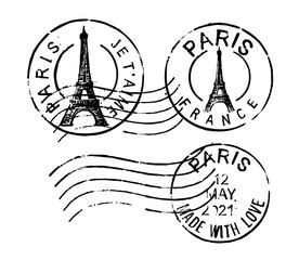 Postal vintage stamps Paris - France. Vector grunge rubber with Eiffel Tower  - 450116895