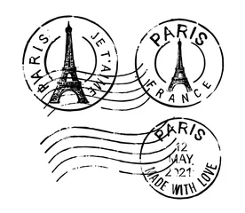 Gordijnen Postal vintage stamps Paris - France. Vector grunge rubber with Eiffel Tower  © bioraven