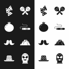 Set Cigar, Tomato, Nachos, Maracas, Mustache, Volcano eruption with lava, Mexican wrestler and sombrero icon. Vector