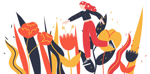 Long banner with flowers and a girl on a white background. Trendy illustration in flat style.