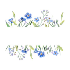 Watercolor floral frame with wildflowers and herbs. Isolated botanical border with blue flowers and leaves for wedding, cards, invitations. Forget-me-nots and greenery.