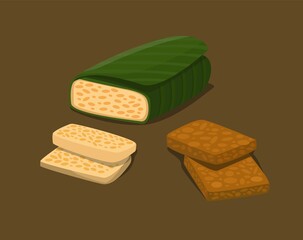 Tempe is indonesian traditional food from soy bean fermented in raw and fried slice symbol set illustration vector