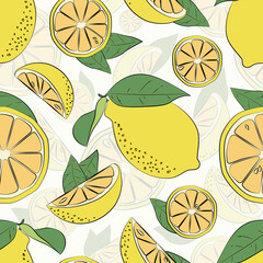 Fresh lemons background. Hand drawn overlapping backdrop. Colorful wallpaper vector. Seamless pattern with fresh fruits collection. Decorative illustration, good for printing