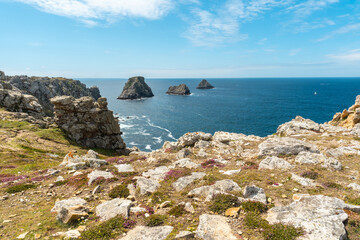 The beautiful Pen Hir Point on the Crozon Peninsula in French Brittany, the famous three islets, France