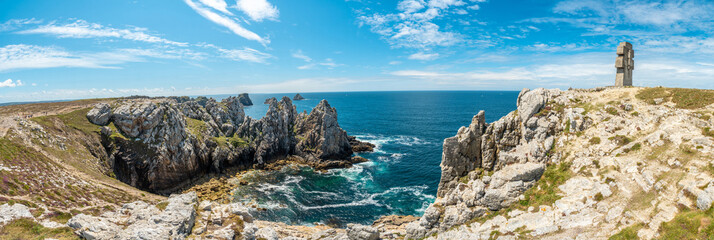 Panoramic in summer on the coast at Pen Hir Point on the Crozon Peninsula in French Brittany, the three famous islets, France