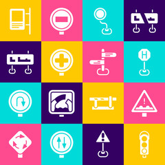 Fototapeta premium Set Traffic light, Uneven road ahead sign, Hospital traffic, Road, and icon. Vector