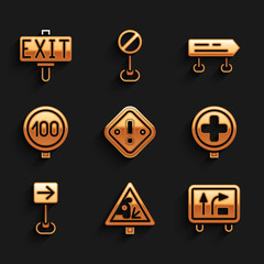 Set Exclamation mark in triangle, Warning road sign, Road traffic, Hospital, Traffic turn right, Speed limit, and Fire exit icon. Vector