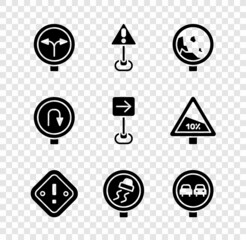 Set Fork in the road, Exclamation mark triangle, Road warning rockfall, Slippery traffic, No overtaking, Turn back sign and Traffic turn right icon. Vector