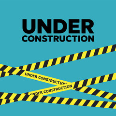 Website under construction page. Warning tape banner