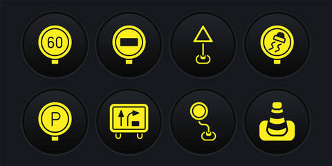 Set Parking, Slippery road traffic, Road sign, Triangle warning blank, Stop, Traffic cone and Speed limit icon. Vector