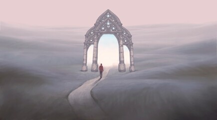 Concept art, conceptual artwork, surreal landscape, A man with a door to the light, way mystery hope success change freedom and life idea, 3d illustration