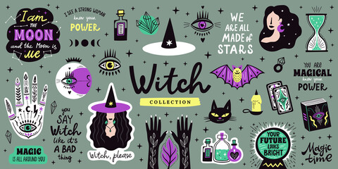 Magical doodle witch illustration icons set. Magic and witchcraft, witch esoteric alchemy elements. Vector illustration