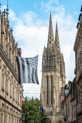 Medieval village of Quimper and the Saint Corentin de Quimper Cathedral in the background in the...