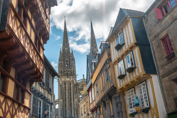 Historic center in the medieval town of Quimper and the Saint Corentin cathedral, Finisterre...