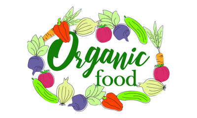 Organic products logo. Healthy organic eco vegetarian food. Logo of fresh agricultural products.