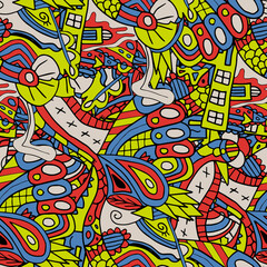 Cute abstract doodle artistic sketch seamless pattern.  Background with crazy messy doodle art with different shapes, curls. Fantasy texture, textile, wrap, fabric.
