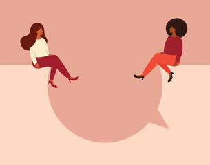 Women talking concept. Strong girls sitting and having a discussion on a big speech bubble while looking to each other. Women empowerment movement, gender equality, business women concept. Vector.